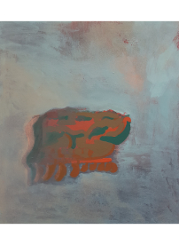 Painting, orange, khaki, dark green and pale metallic copper fringed form in centre, surrounded by pale blue and grey over dark brush marks, with copper top layers in places.