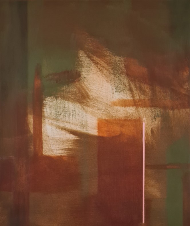 Painting, olive and burnt orange surround, centre pale orange. Dark orange large block lower right with pink strip to right.